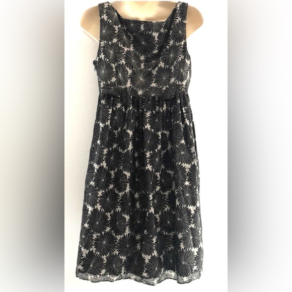 Milly of New York Sleeveless V-neck Silk Blend A-line Dress Black Floral on Tan - Picture 5 of 7